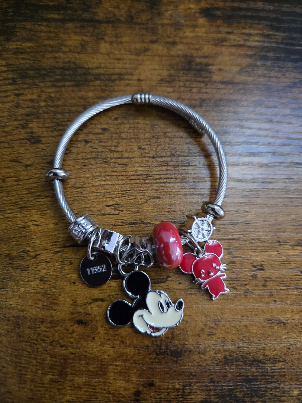 Silver-Tone Mickey Mouse Charm Bracelet with Red Accents